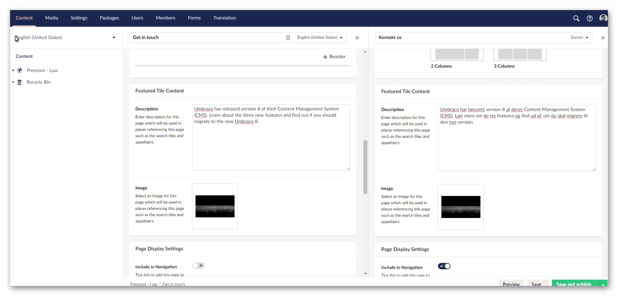 Screenshot of Umbraco CMS interface showing side-by-side content editing in different languages.
