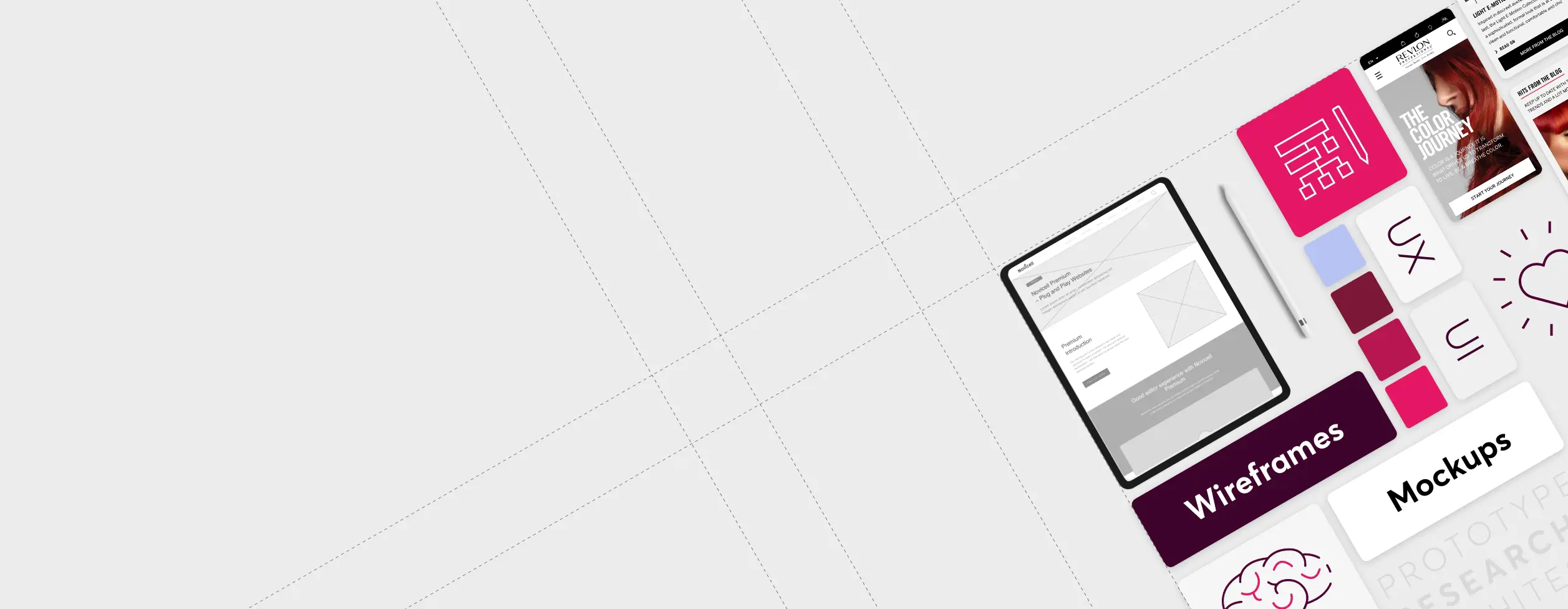 Various UX design elements including wireframes, mockups, and icons