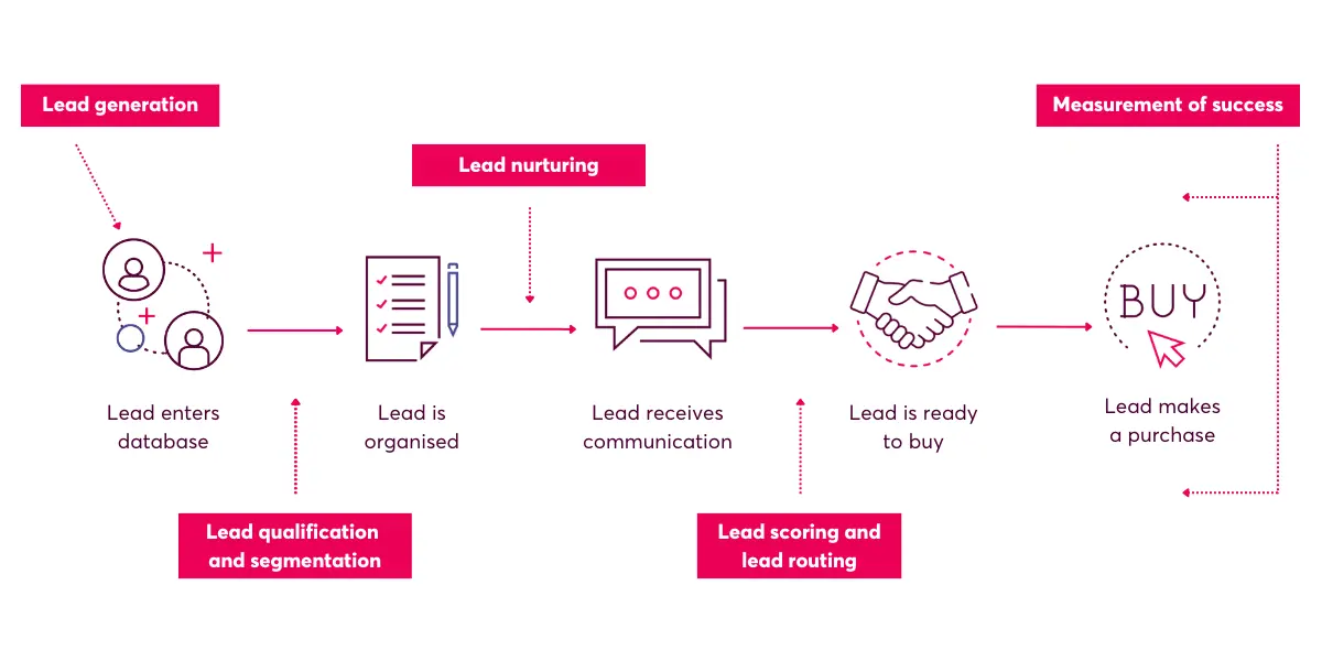 Novicell Lead Generation Process Flow Novicell's infographic showing the lead generation process from lead entering database to making a purchase