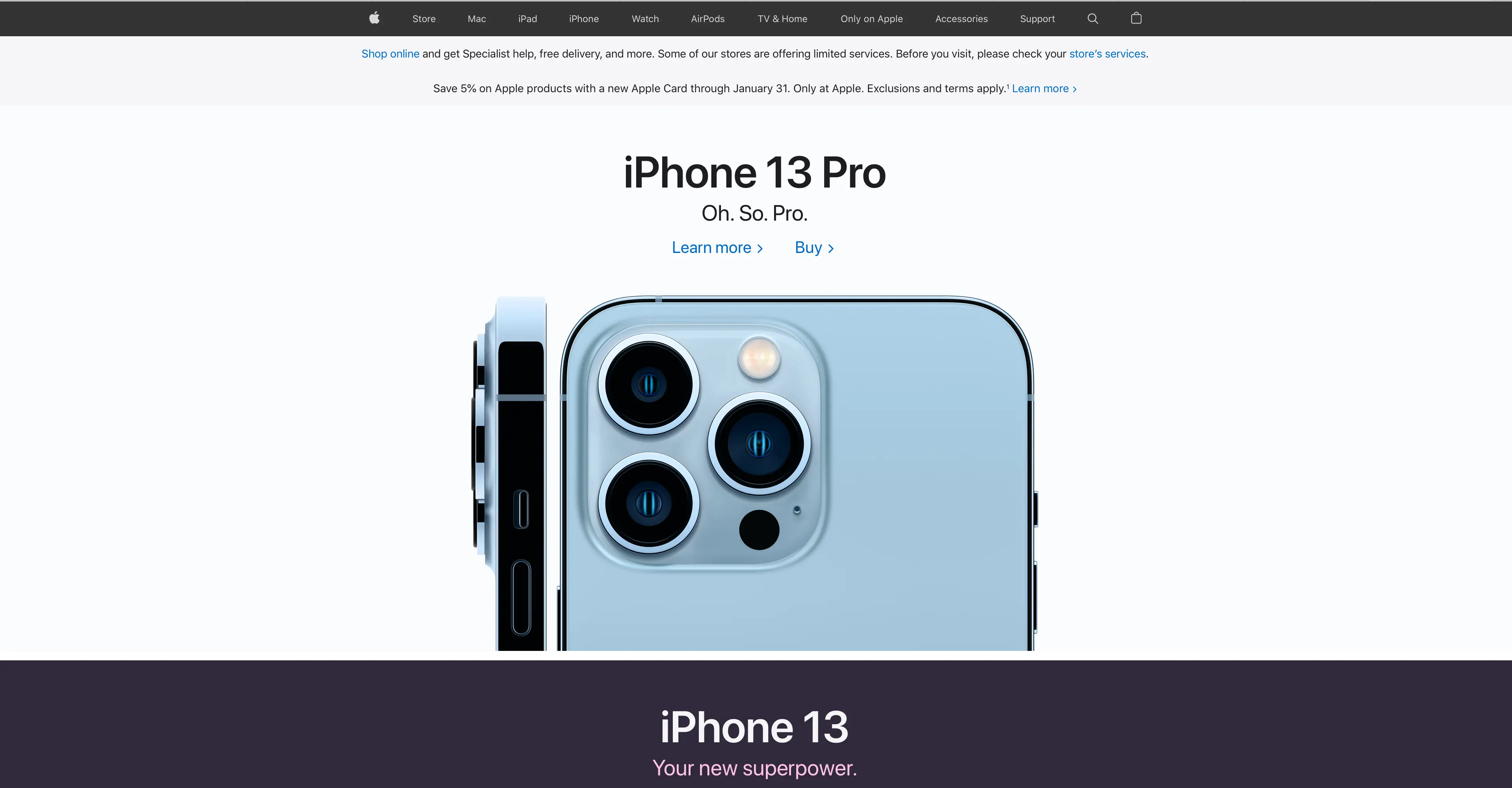 Screenshot of Apple's website showcasing the iPhone 13 Pro 