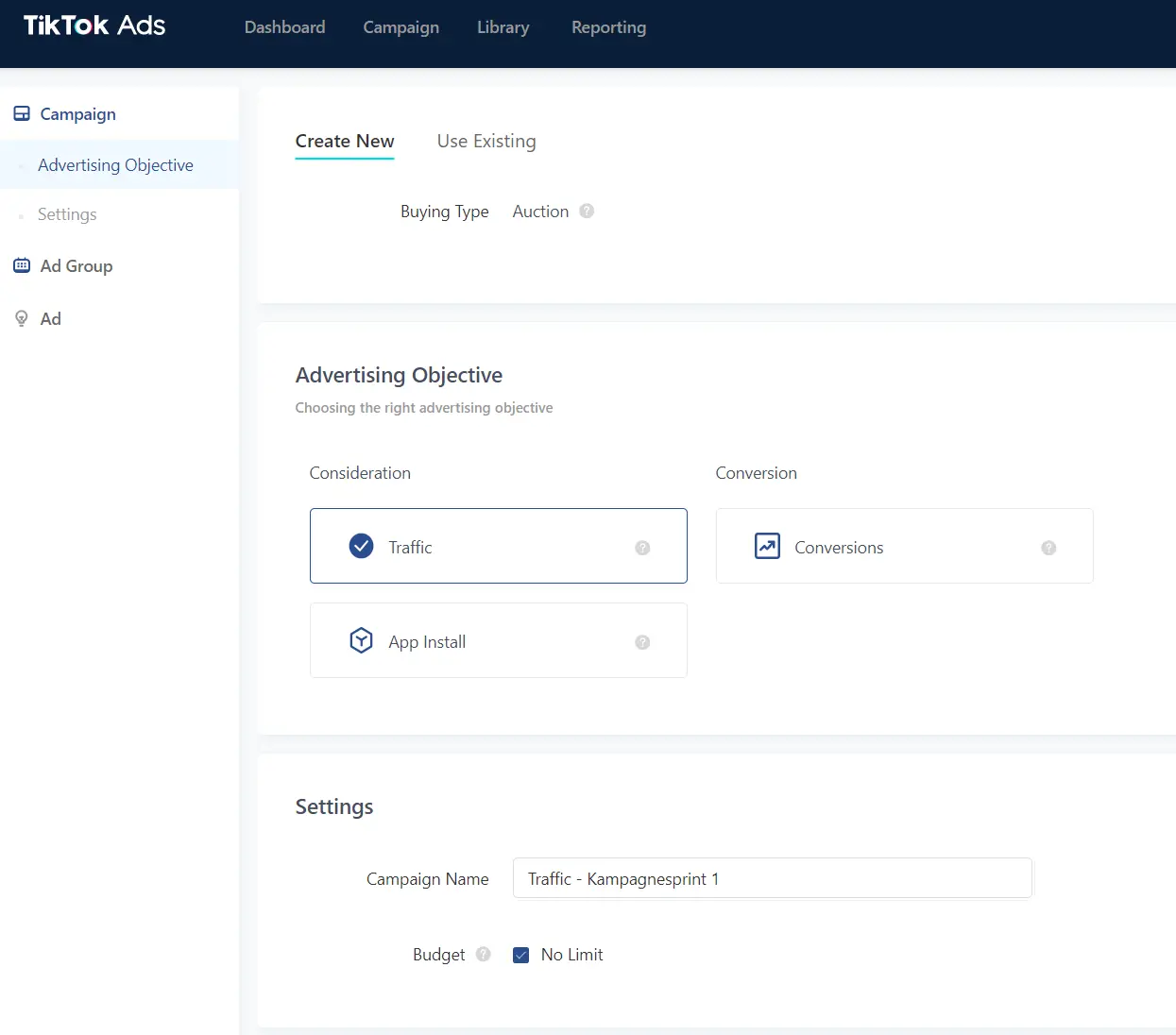 TikTok Ads Campaign Creation TikTok Ads campaign creation page showing advertising objective selection