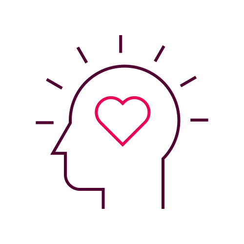  A simplified line drawing of a human head profile with a heart symbol inside