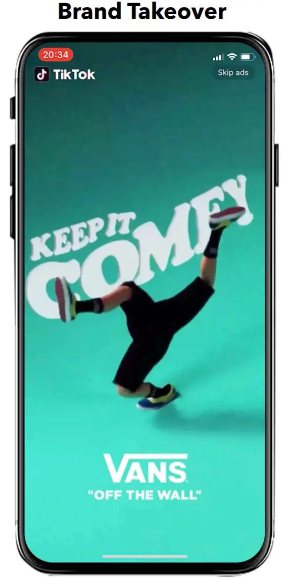 Smartphone displaying a TikTok brand takeover ad for Vans shoes with the slogan "Keep it Comfy".
