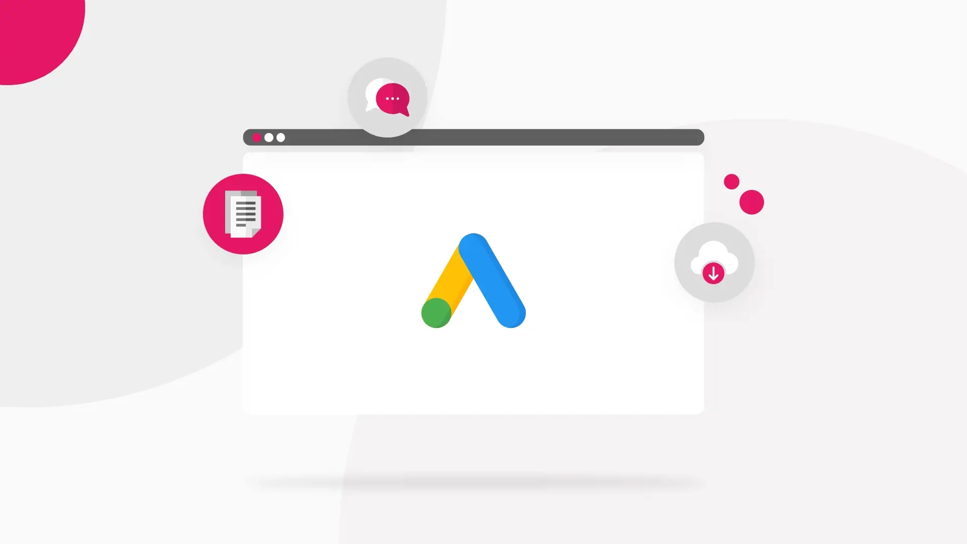 Google Ads Interface Illustration A graphic illustration showing elements of the Google Ads interface, including icons for document, chat, and download