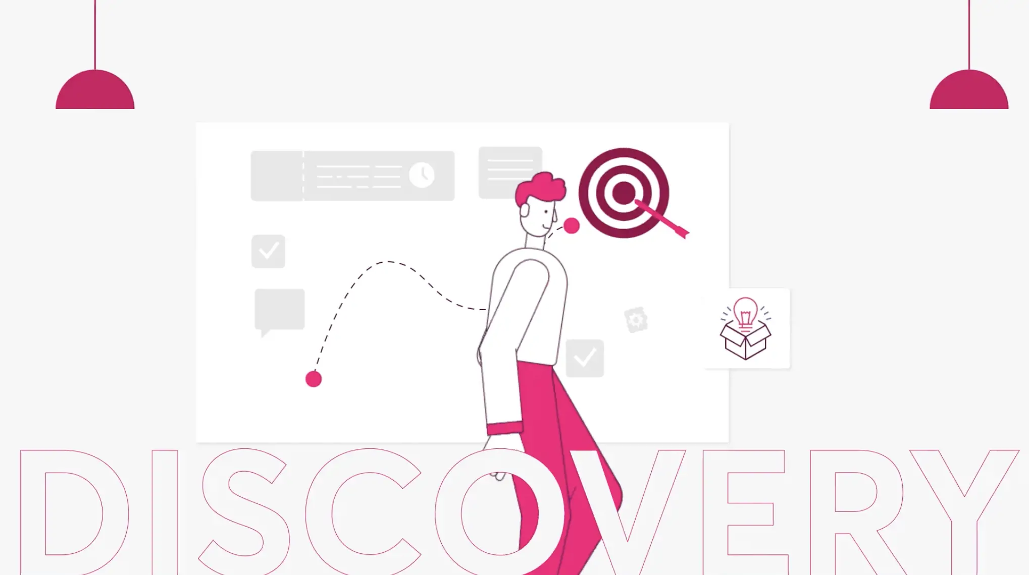 Cartoon illustration of a man looking at a target, with various UI elements and the word "DISCOVERY" below.