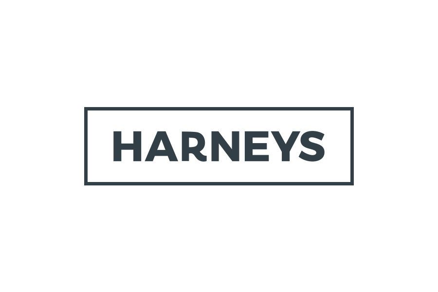 The word "HARNEYS" in bold black capital letters inside a rectangular outline