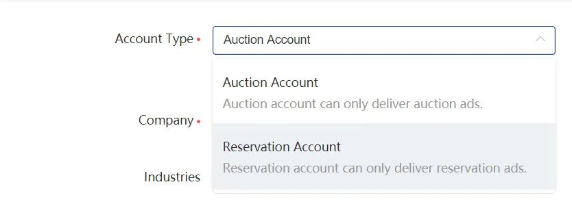 TikTok Account Type Selection Dropdown Dropdown menu for selecting TikTok account type