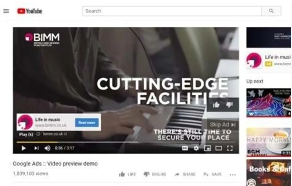 YouTube Video Preview of BIMM Ad Screenshot of a YouTube video player showing an advertisement for BIMM