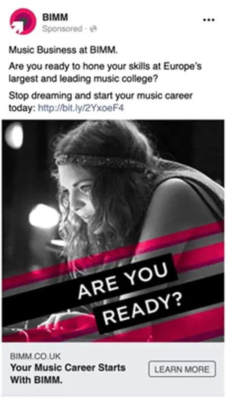 Facebook sponsored post from BIMM advertising their music business program, 