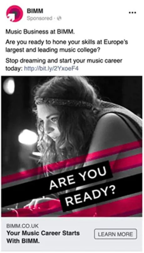 BIMM Facebook Sponsored Post Facebook sponsored post from BIMM advertising their music business program,