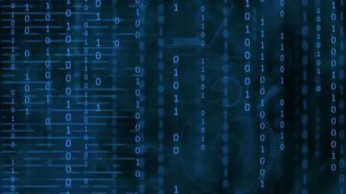  A blue digital background with streaming binary code consisting of ones and zeros.