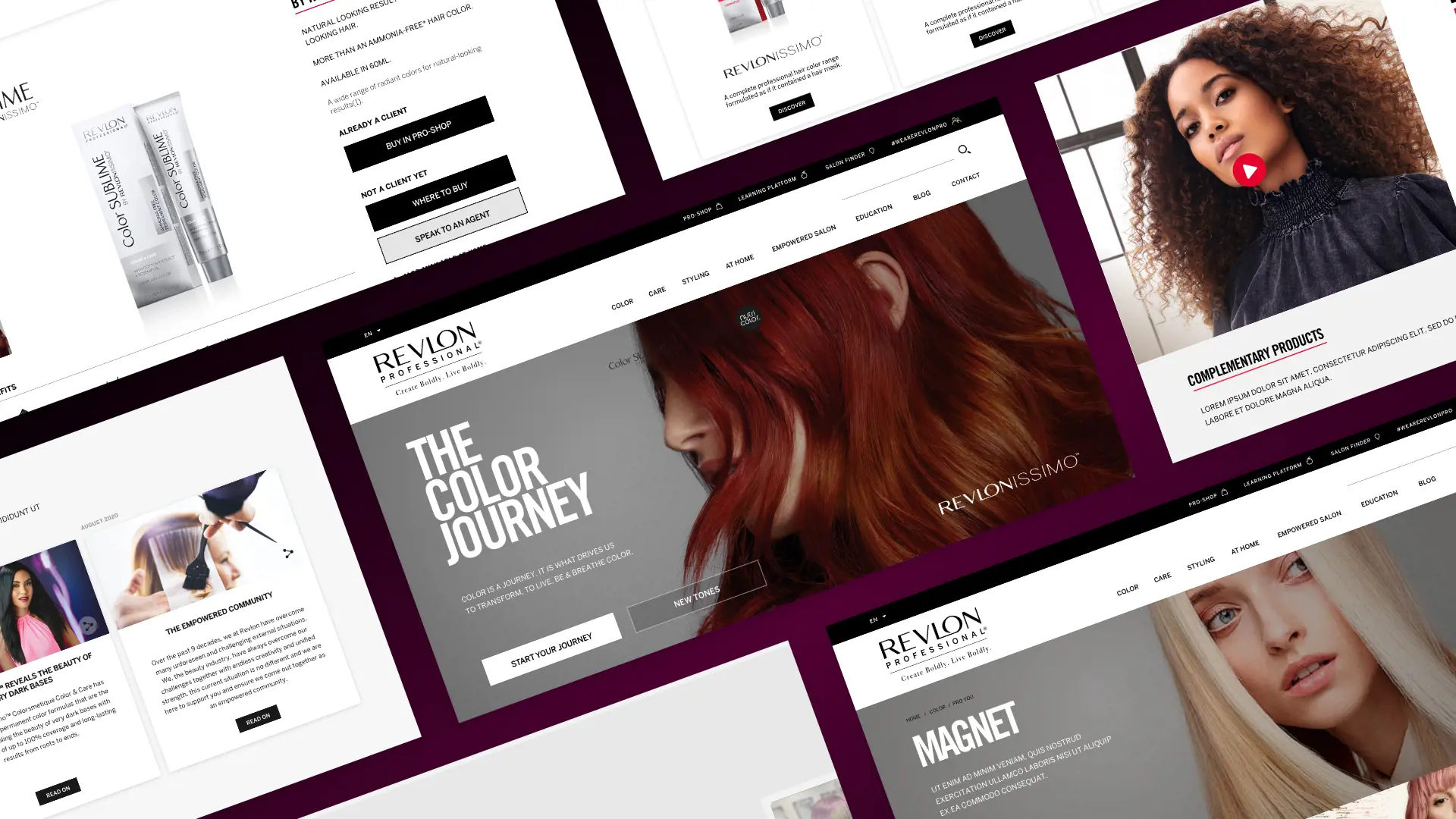 Multiple screenshots of Revlon Professional's website design