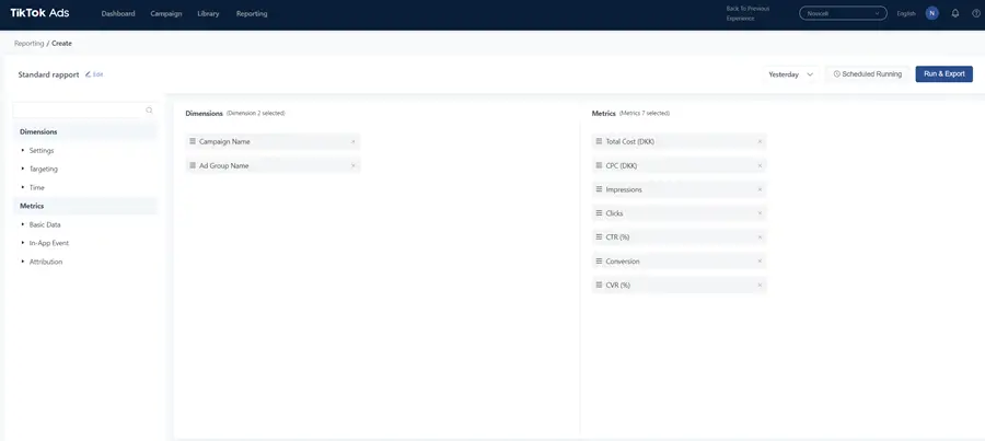 TikTok Ads Reporting Dashboard TikTok Ads reporting interface with options to select dimensions and metrics for campaign analysis
