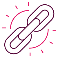 Stylised chain link or hyperlink symbol, in purple and pink colours with radiating lines