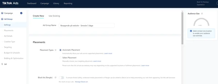 TikTok Ads Ad Group Settings TikTok Ads interface for creating a new ad group, showing placement settings