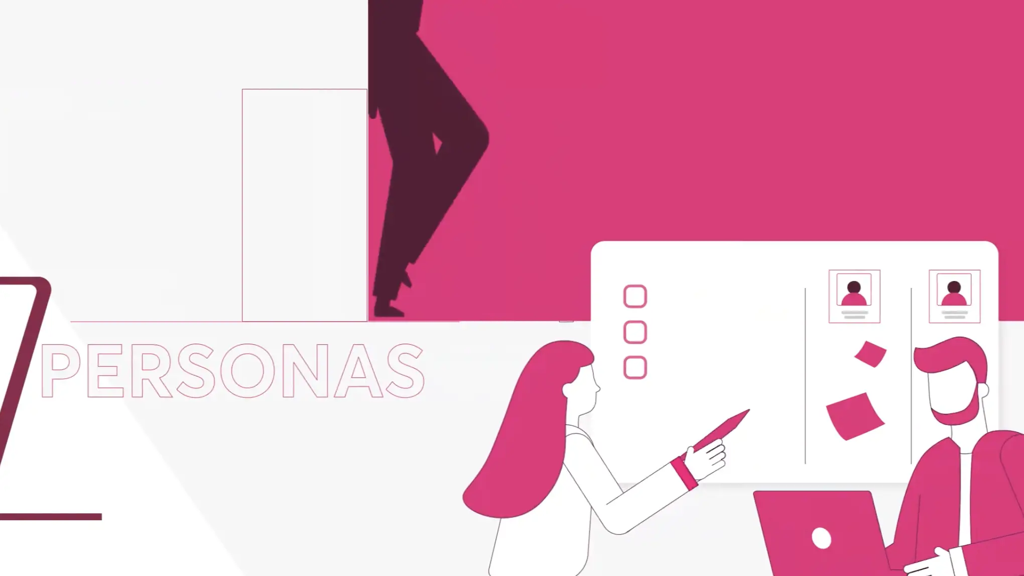 User Personas Design Process Illustration showing the process of creating user personas, with stylized figures and design elements in pink and white.