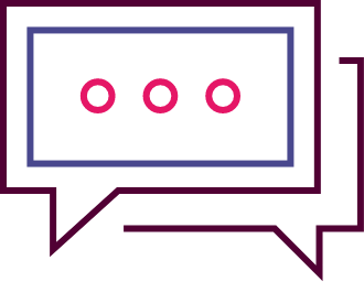 Two overlapping speech bubble outlines in purple and blue, containing three pink circles in a row.