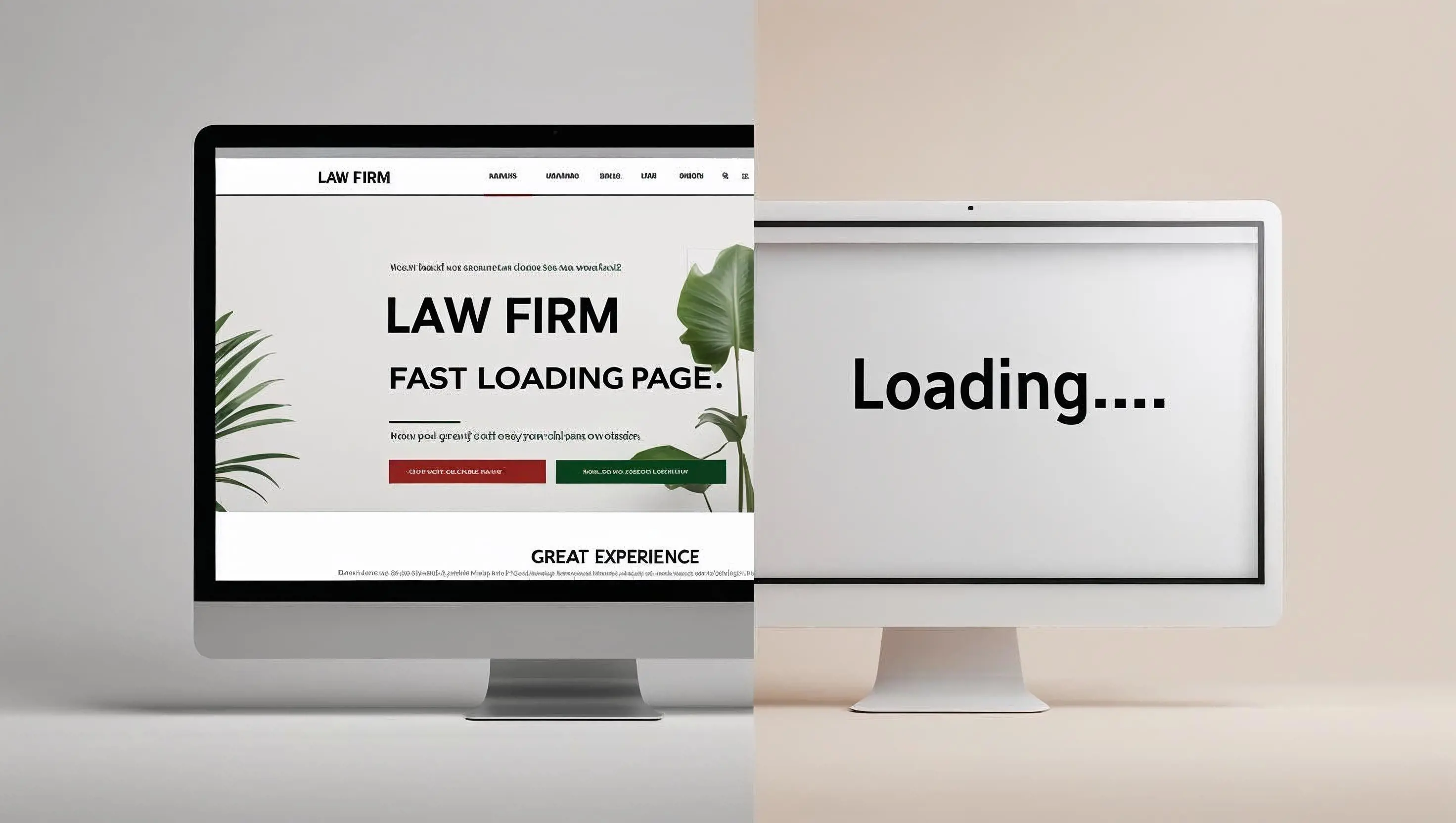Split-screen visual: left side is a polished, professional law firm website; right side is a slow-loading “loading…” screen.