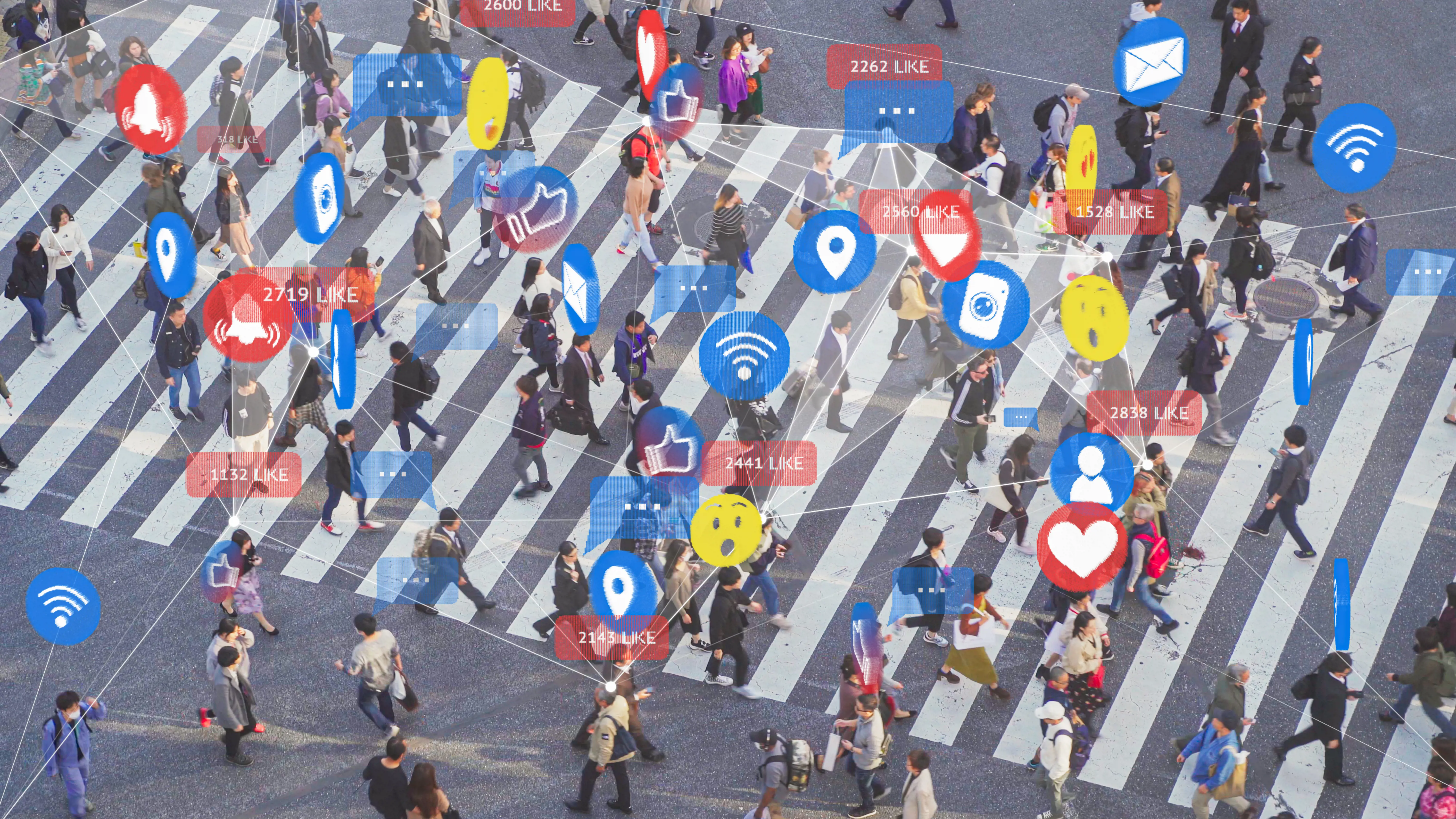 Social Media Connectivity View of a busy pedestrian crossing with overlaid social media icons and like counts
