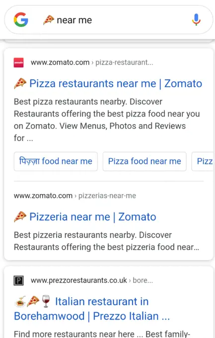 Screenshot of Google search results for "pizza near me" showing listings for pizza restaurants