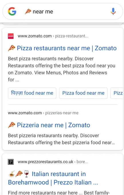 Google Search Results for Pizza Near Me Screenshot of Google search results for "pizza near me" showing listings for pizza restaurants