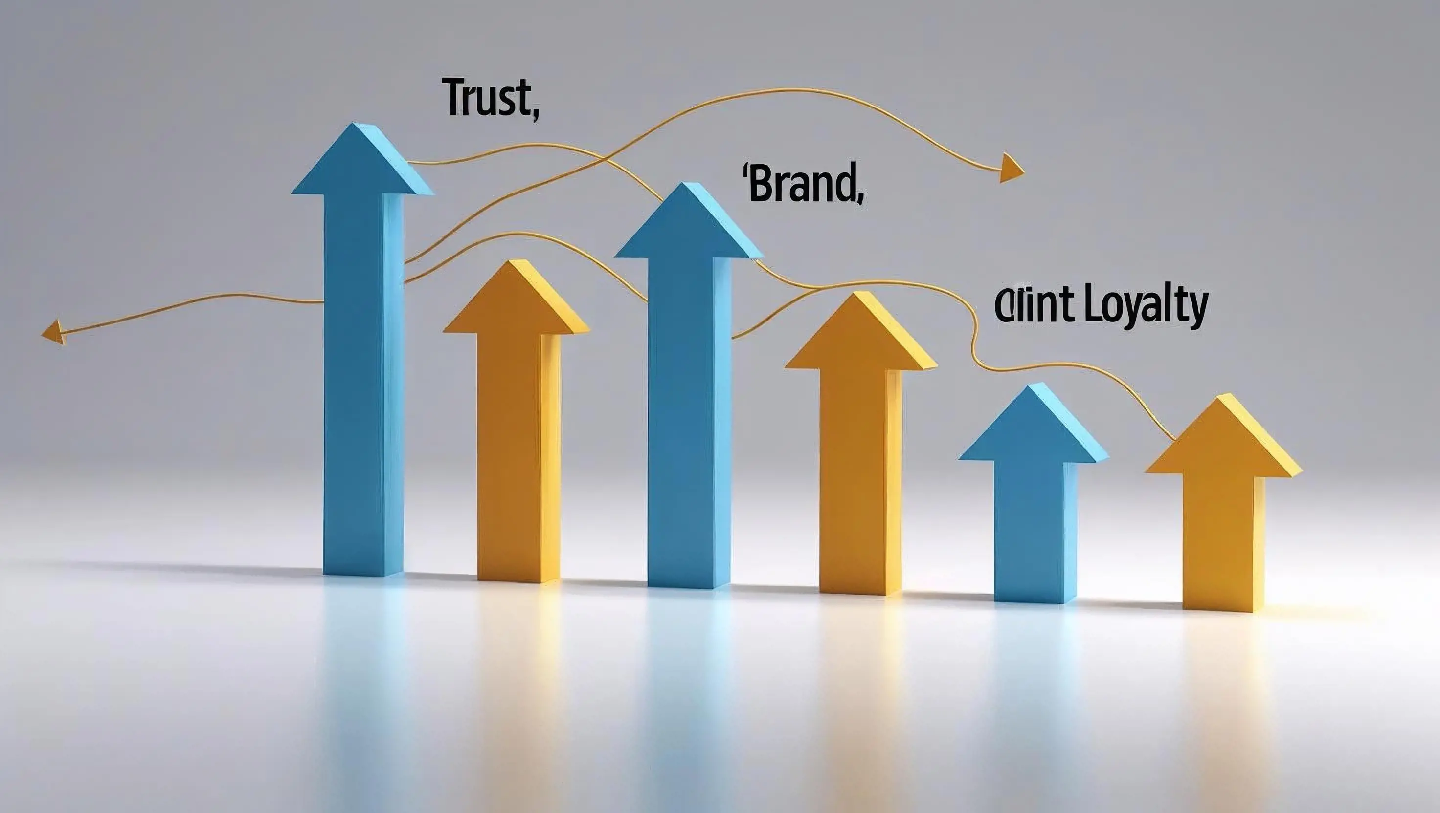 Minimalist data visual showing upward growth arrows and icons for trust, brand, and client loyalty.