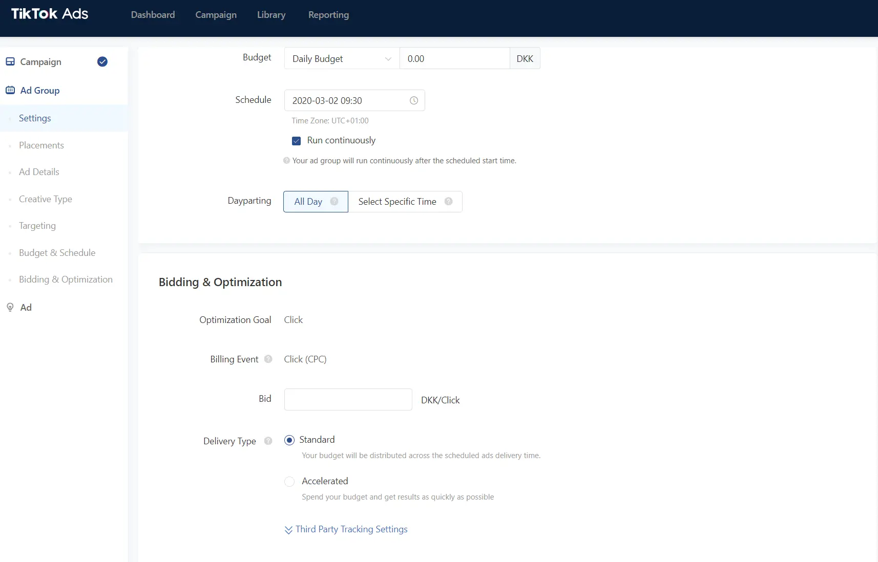 TikTok Ads Budget and Bidding Settings TikTok Ads interface showing budget, schedule, and bidding optimisation settings for an ad group.