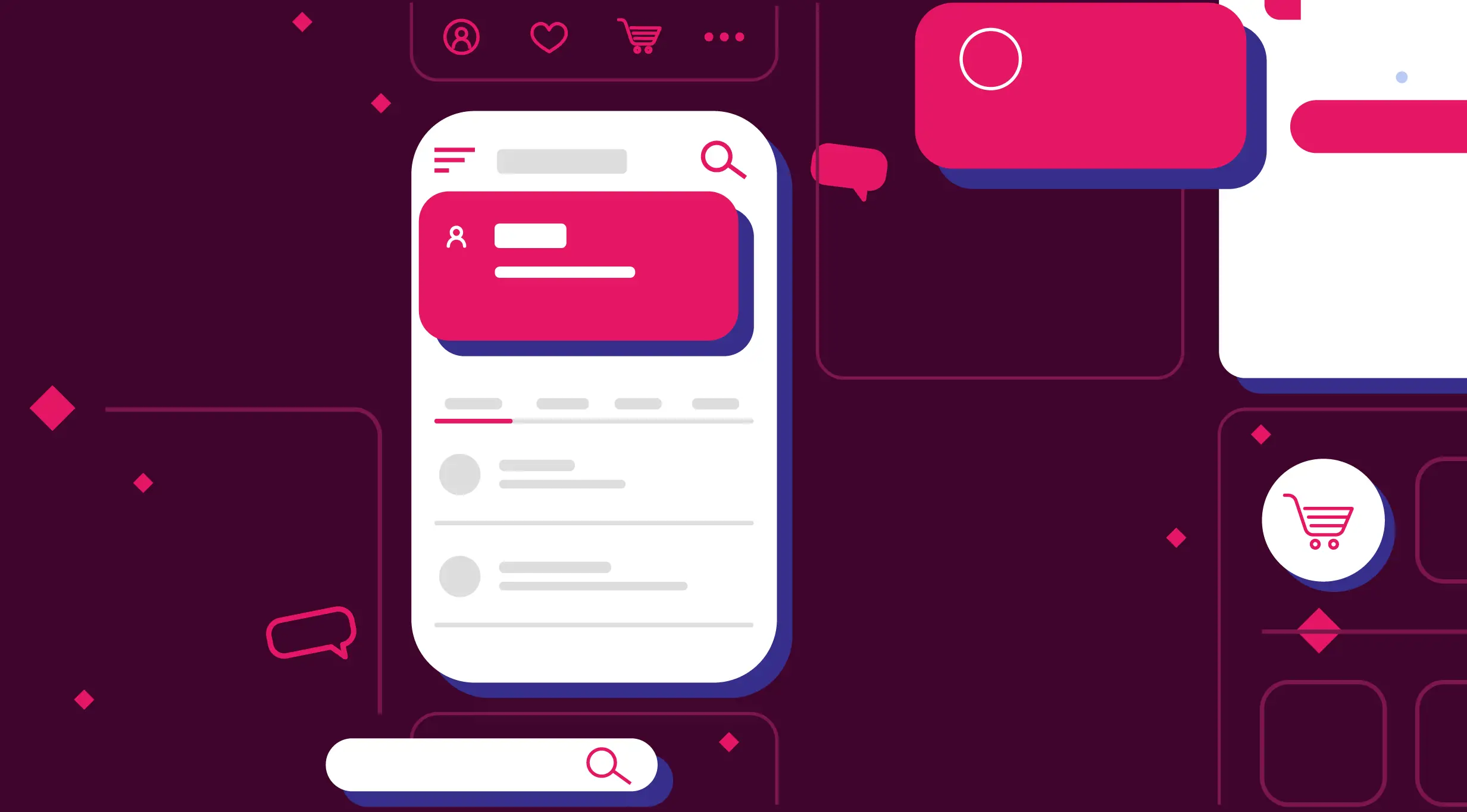 Illustration of a mobile app interface with icons and menu elements on a purple background