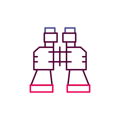 Minimalist line drawing of binoculars in a gradient purple to pink colour scheme, symbolizsing search