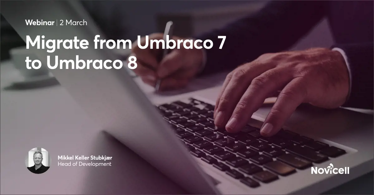 Promotional banner for a Novicell UK webinar on migrating from Umbraco 7 to Umbraco 8
