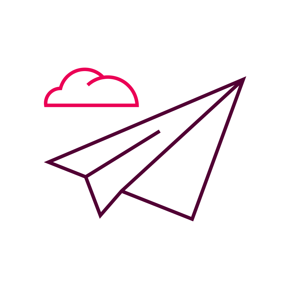 Outline drawing of paper airplane with cloud, in dark purple and pink colours
