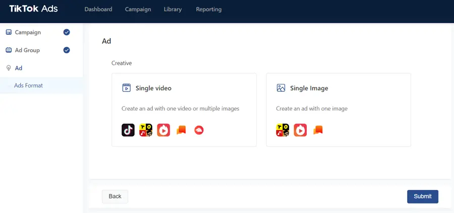 TikTok Ads Creative Selection TikTok Ads dashboard showing options to create single video or single image ad