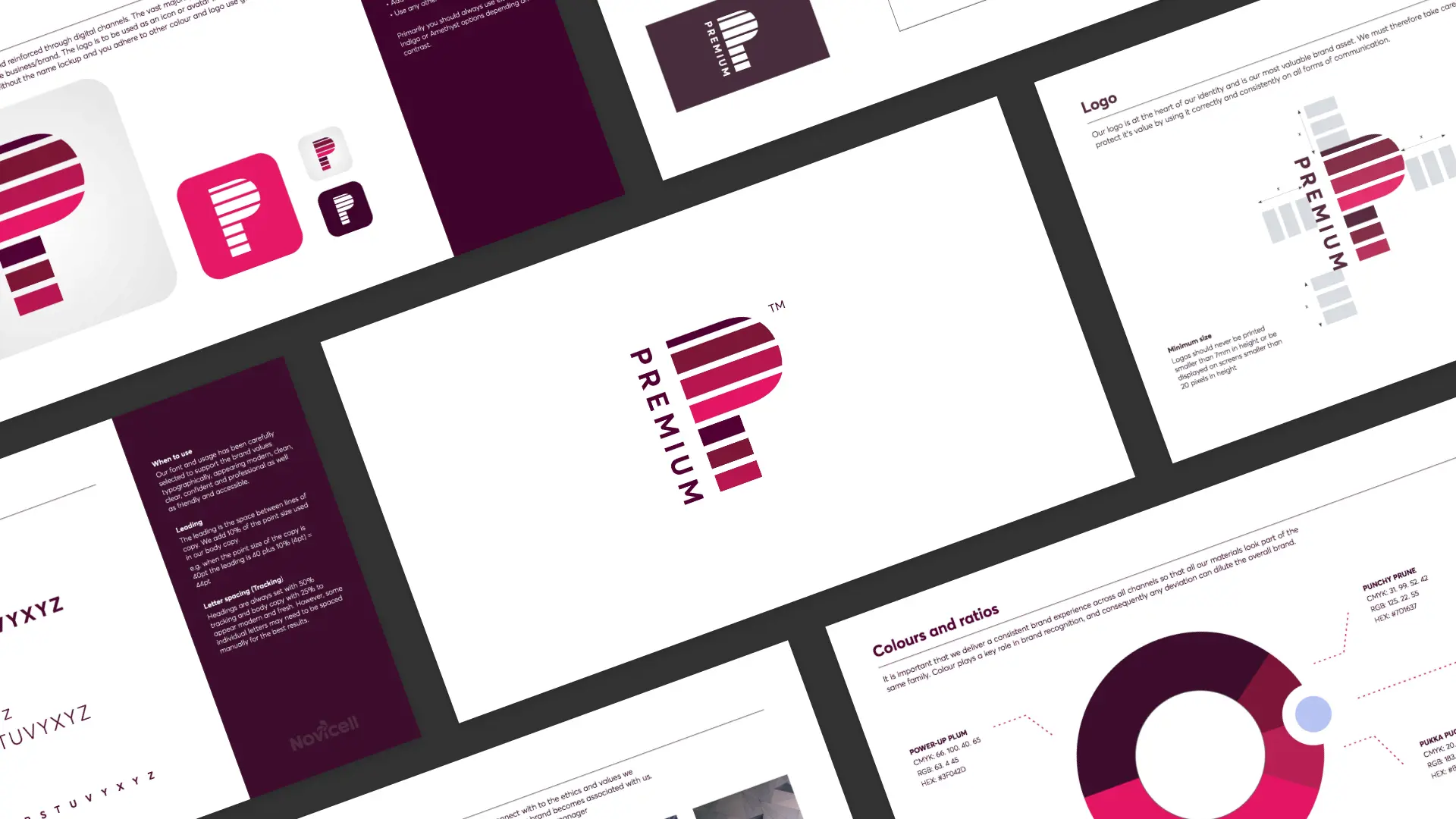 Branding elements for Premium company including logo variations, colour palette, and typography guidelines