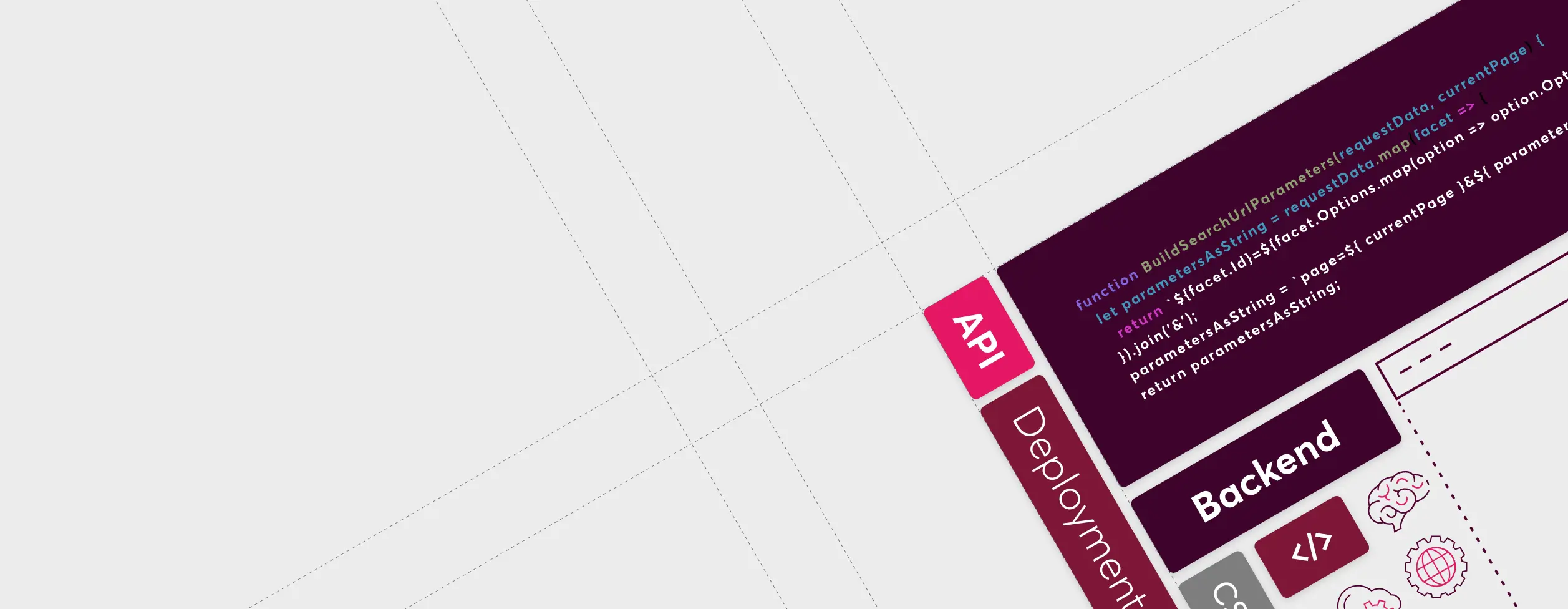 Abstract illustration showing software development elements against a white background with grid lines.