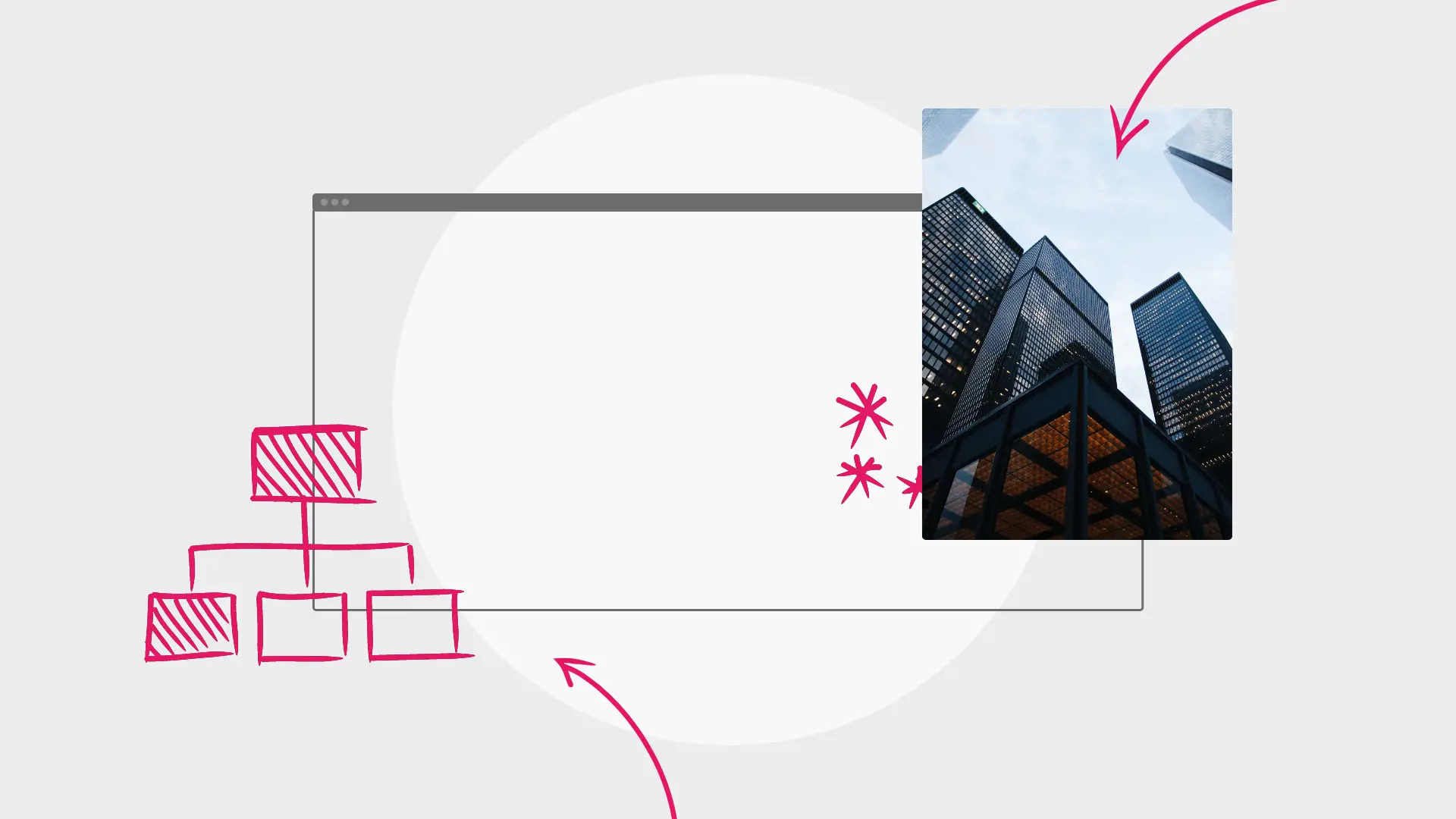 Illustration showing a browser window with HTML elements, arrows, and a photo of skyscrapers, representing web development concepts.