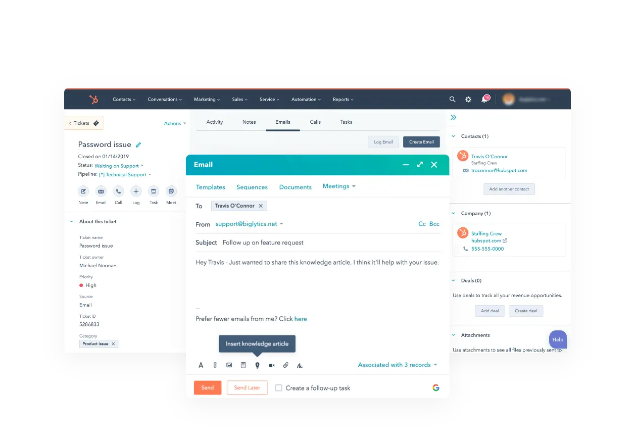 HubSpot interface for managing a service ticket, showing ticket details, email composition window, and associated contact information.